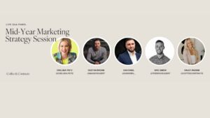 Live Q&A panel banner for a Mid-Year Marketing Strategy Session with five speaker headshots in circular frames and handles beneath each image.
