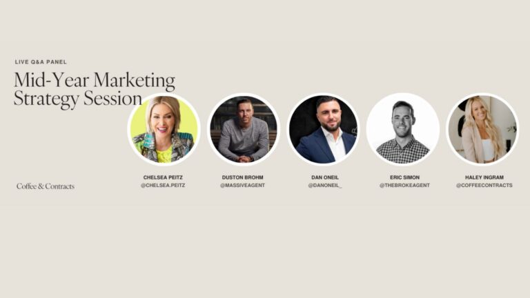 Live Q&A panel banner for a Mid-Year Marketing Strategy Session with five speaker headshots in circular frames and handles beneath each image.