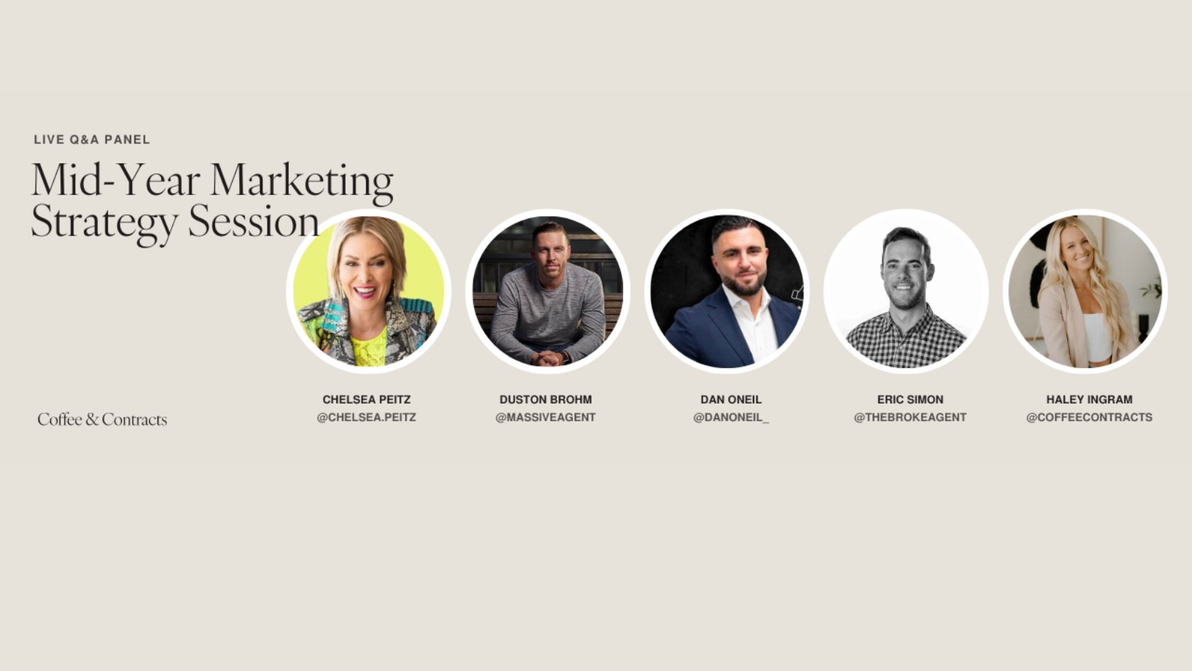 Live Q&A panel banner for a Mid-Year Marketing Strategy Session with five speaker headshots in circular frames and handles beneath each image.