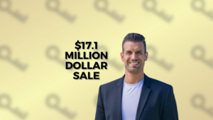 Real estate agent smiling beside bold text '$17.1 MILLION DOLLAR SALE' on a yellow patterned backdrop