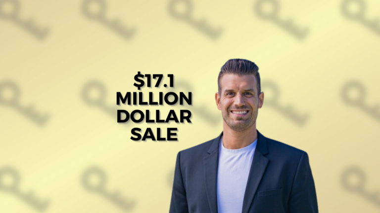 Real estate agent smiling beside bold text '$17.1 MILLION DOLLAR SALE' on a yellow patterned backdrop
