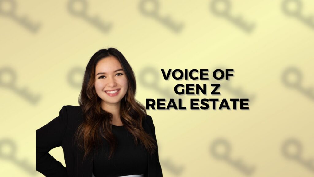 Smiling woman in a black blazer on a pale yellow background with the bold title 'Voice of Gen Z Real Estate'.