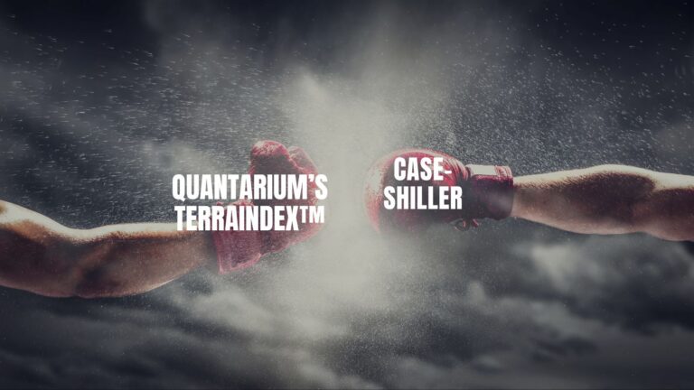 Two boxing-gloved fists collide mid-air with a dust spray, overlaid with 'Quantarium’s TerraIndex™' and 'Case-Shiller' branding text.