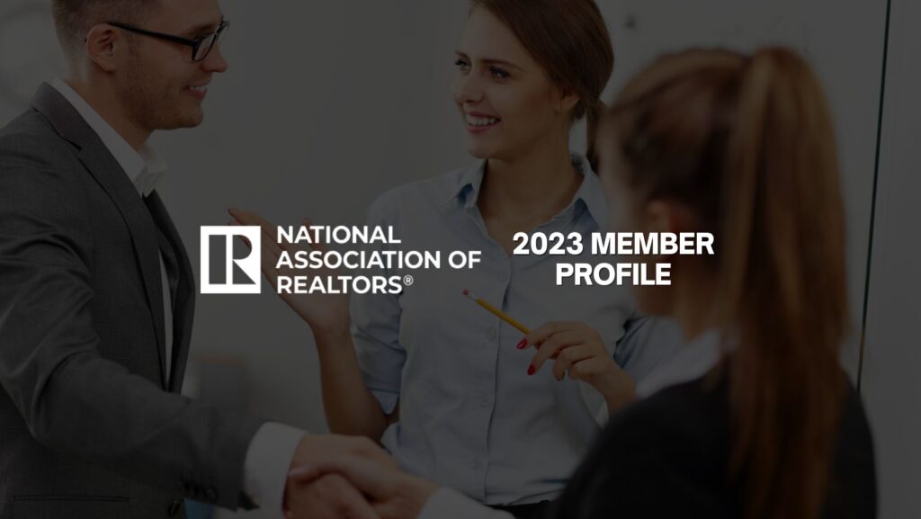 National Association of Realtors banner reading '2023 Member Profile' with logo on a blurred office background