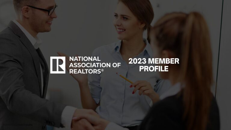 National Association of Realtors banner reading '2023 Member Profile' with logo on a blurred office background