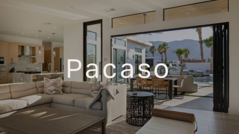 Open living area with beige sectional, kitchen, and sliding doors to an outdoor patio with a pool; Palacso watermark across the image.