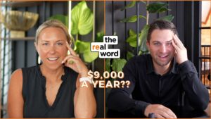 Two hosts in a split-screen frame with the 'the real word' logo centered and orange borders behind them.