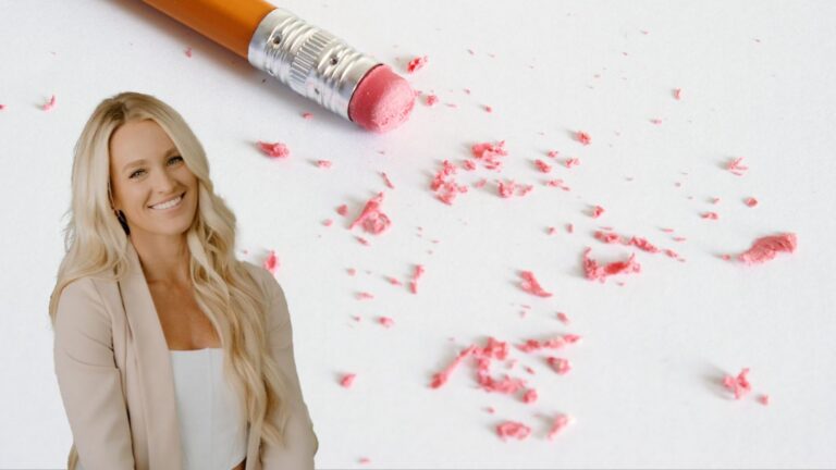 Smiling blonde woman in a beige blazer on the left, with pink eraser shavings scattered on a white surface to the right.