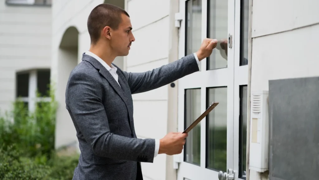 Man in a gray blazer knocks on a glass door while holding a clipboard outdoors.