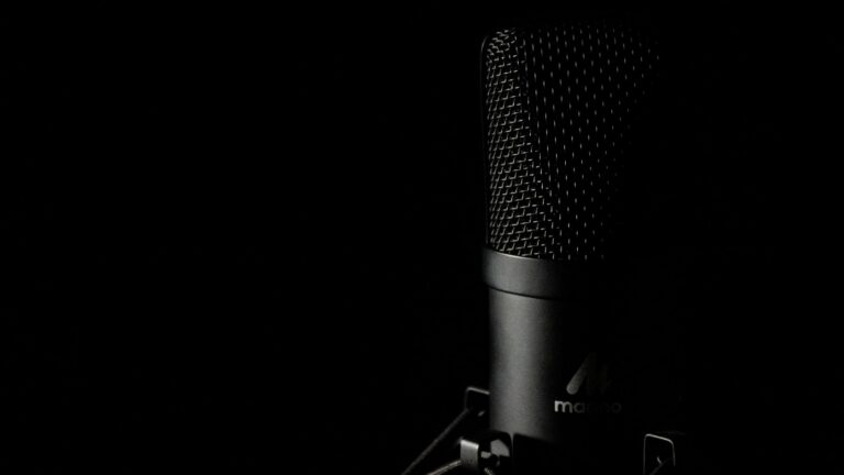 Close-up of a black condenser microphone in a dim studio with a grid-like metal grille.