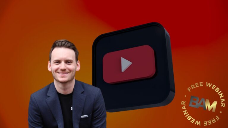 Smiling man in a navy blazer beside a large play-button icon on an orange gradient background, promoting a free webinar.