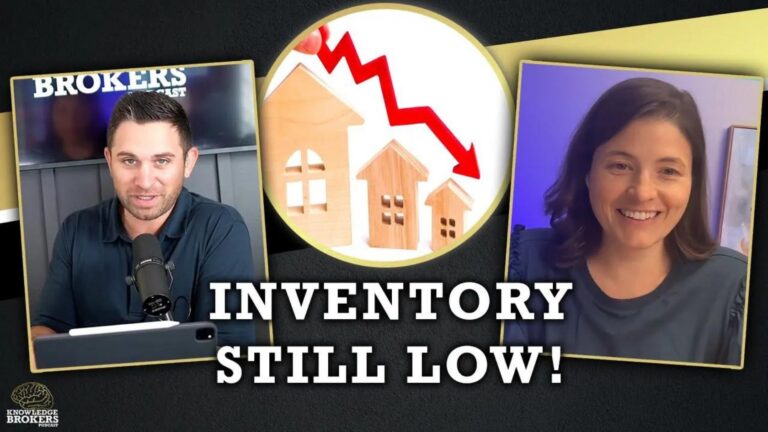 Podcast thumbnail: left man at microphone, center circular graphic of houses with a red down arrow, right smiling woman on video call; caption reads 'INVENTORY STILL LOW!'