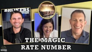 Collage thumbnail for a podcast showing three smiling hosts with a bold white title 'THE MAGIC RATE NUMBER' on a dark background and a treasure-chest graphic above them.