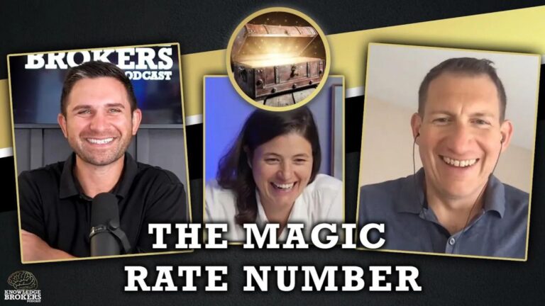 Collage thumbnail for a podcast showing three smiling hosts with a bold white title 'THE MAGIC RATE NUMBER' on a dark background and a treasure-chest graphic above them.