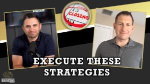 Podcast cover for Knowledge Brokers: two men in framed photos with 'Execute These Strategies' title and a 'Closing' badge above, dark collage background.