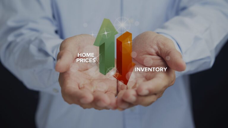 Cupped hands presenting a green upward arrow labeled HOME PRICES and an orange arrow labeled INVENTORY.