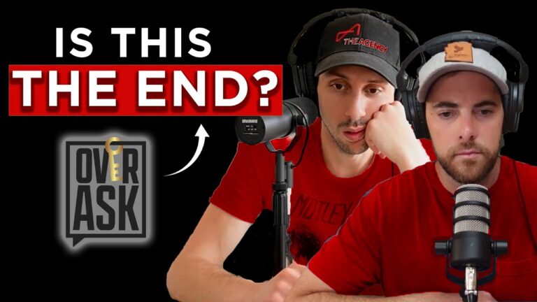 Two men in red shirts podcasting with microphones, bold 'IS THIS THE END?' text and an OverAsk logo on a black background.