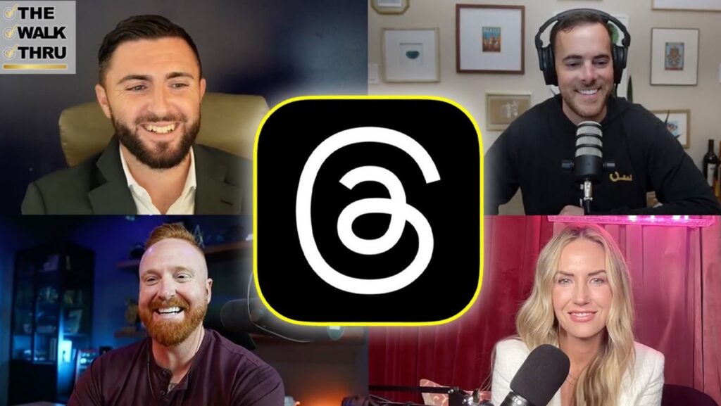 Four smiling podcast hosts appear in a 2x2 grid around a central app logo with a black square and a white swirl outlined in yellow.