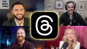 Four smiling podcast hosts appear in a 2x2 grid around a central app logo with a black square and a white swirl outlined in yellow.