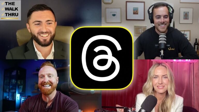 Four smiling podcast hosts appear in a 2x2 grid around a central app logo with a black square and a white swirl outlined in yellow.