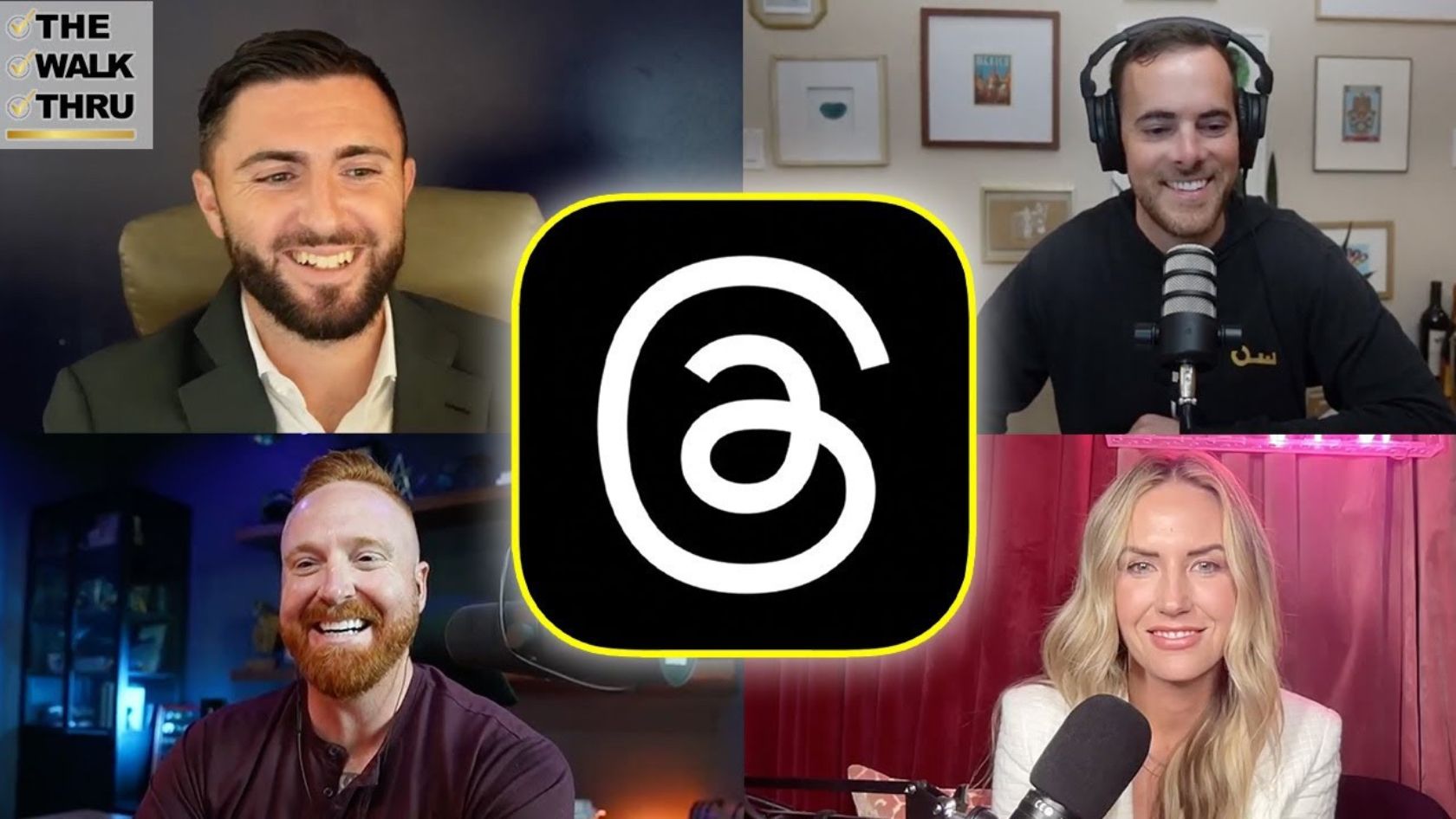 Four smiling podcast hosts appear in a 2x2 grid around a central app logo with a black square and a white swirl outlined in yellow.