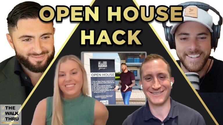 Thumbnail collage for a real estate video: four smiling hosts surround a laptop displaying an 'Open House' sign outside a property with bold 'OPEN HOUSE HACK' text above.