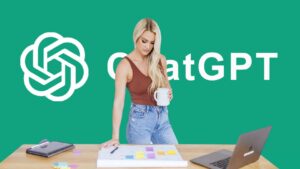 Woman standing at a desk with a mug, laptop, and colorful sticky notes, against a green background with a large ChatGPT logo/branding.