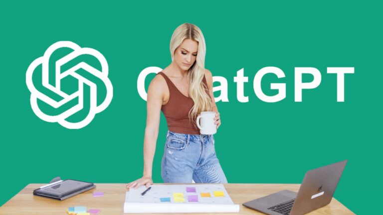 Woman standing at a desk with a mug, laptop, and colorful sticky notes, against a green background with a large ChatGPT logo/branding.
