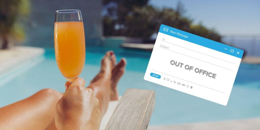Poolside scene with a person lounging and holding an orange beverage while a floating 'Out of Office' email draft appears nearby.