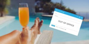 Poolside scene with a person lounging and holding an orange beverage while a floating 'Out of Office' email draft appears nearby.