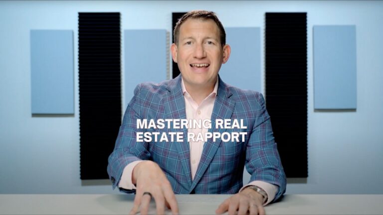 Host in a blue plaid suit smiles at the camera with a desk in front; overlay reads 'Mastering Real Estate Rapport'.