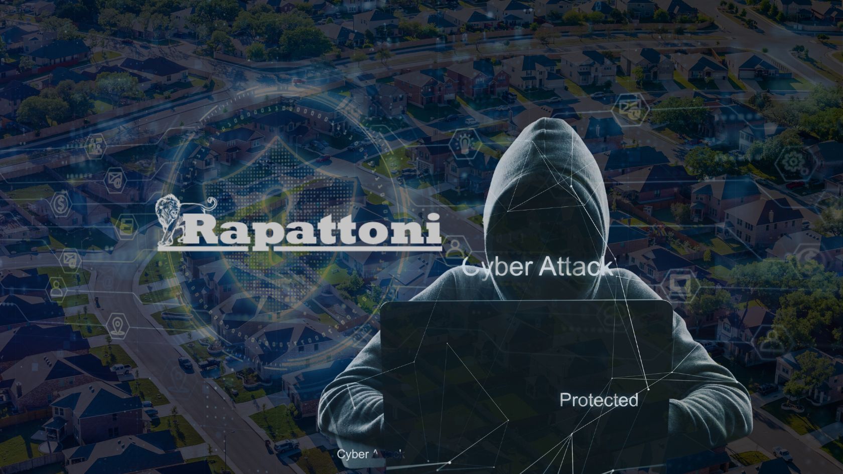 Hooded figure using a laptop over a suburban cityscape, with 'Cyber Attack' and a company logo in the foreground (cybersecurity theme).