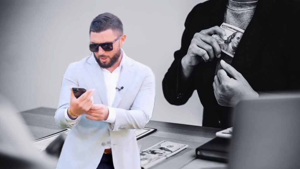Man in a light blazer using a smartphone in the foreground; a grayscale image of hands holding money appears in the background, suggesting wealth.