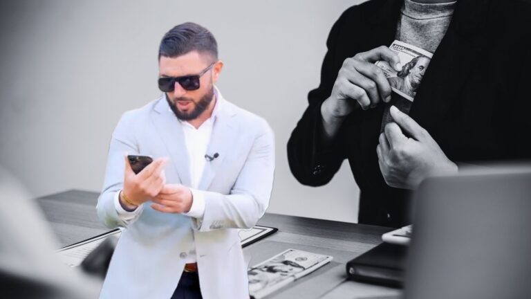 Man in a light blazer using a smartphone in the foreground; a grayscale image of hands holding money appears in the background, suggesting wealth.