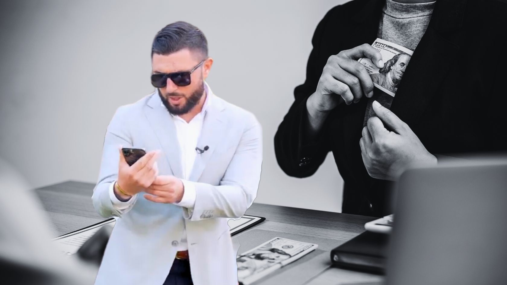 Man in a light blazer using a smartphone in the foreground; a grayscale image of hands holding money appears in the background, suggesting wealth.