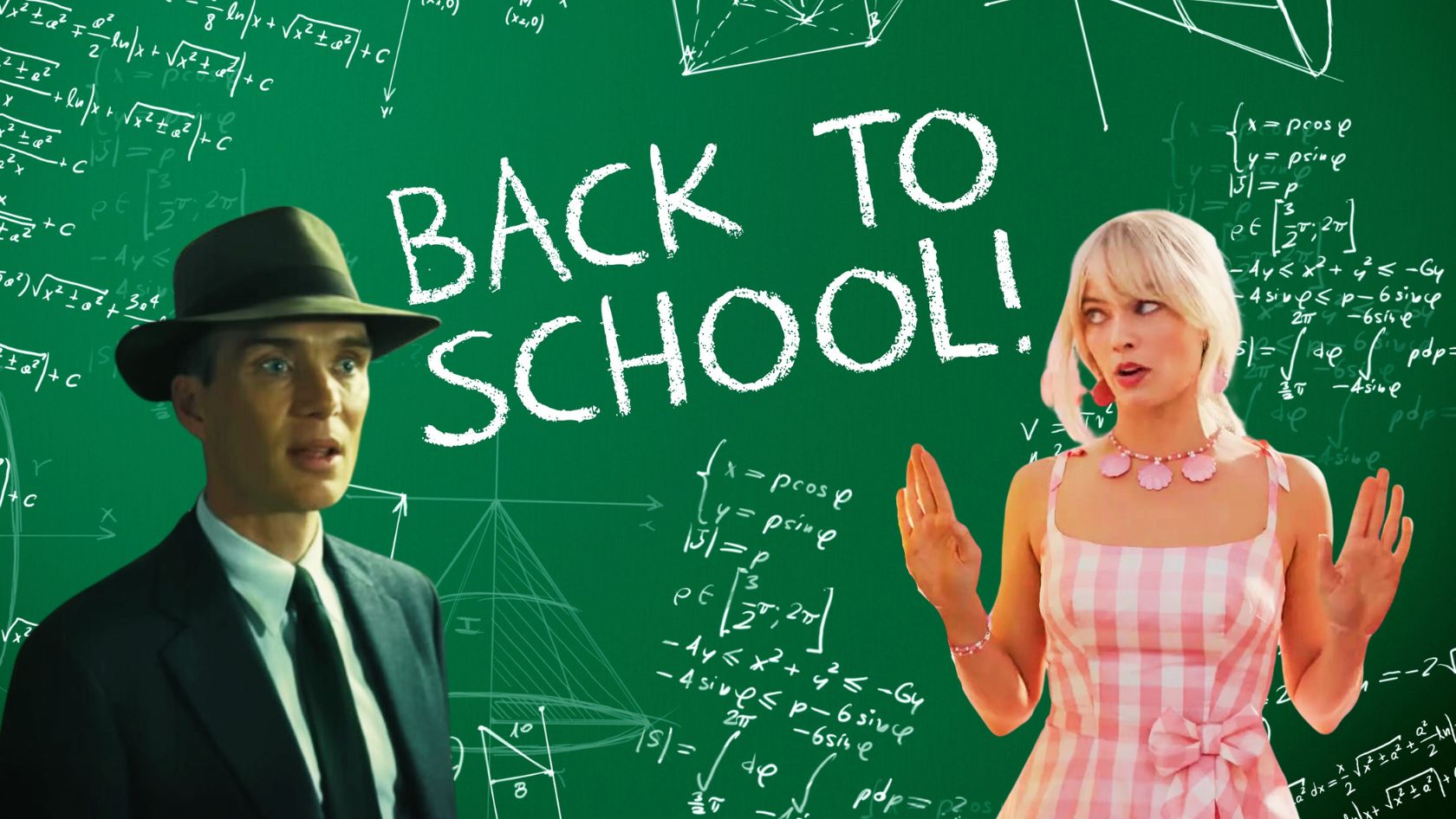 Man in a suit and fedora and a woman in a pink checkered dress stand against a green chalkboard with 'BACK TO SCHOOL!' written in chalk and math equations all around.