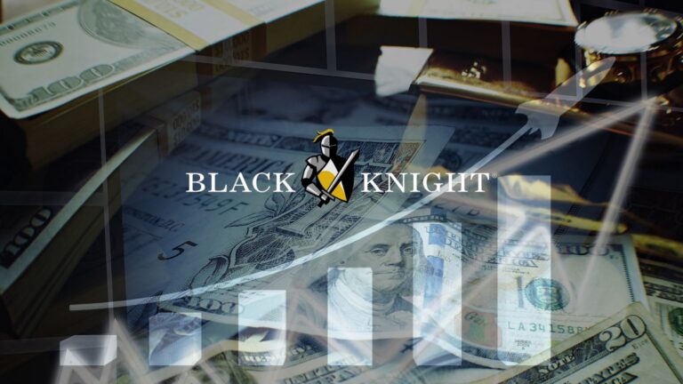Black Knight logo over stacked dollar bills and faint chart graphics, implying finance and wealth.