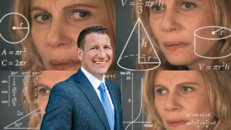 Smiling man in a blue suit stands in front of a collage of women's faces and mathematical diagrams.