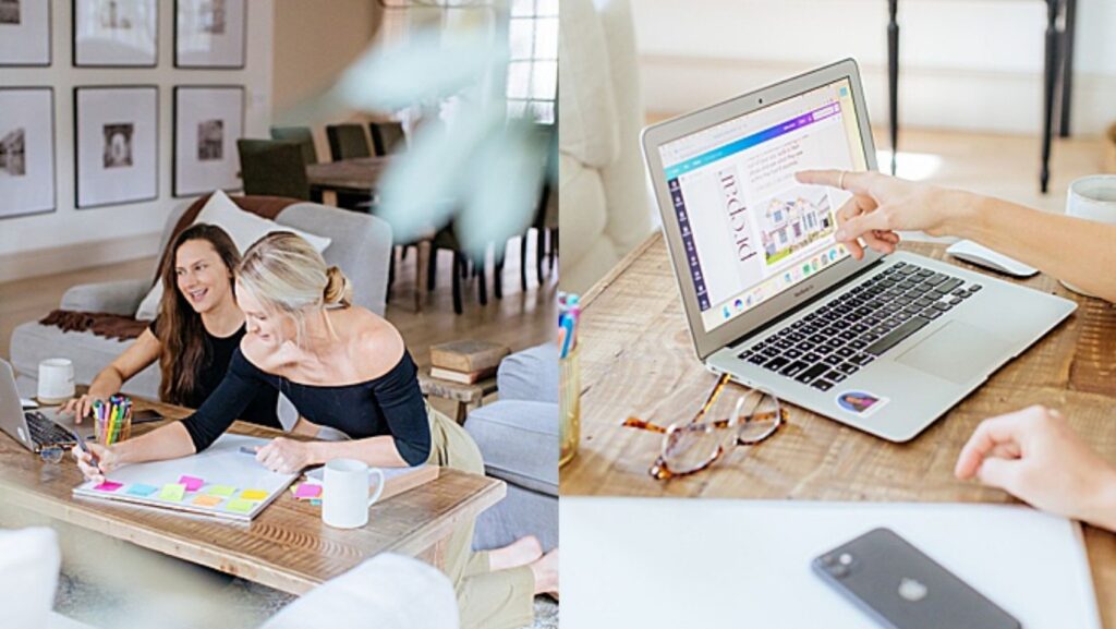 Split image: two women collaborating at a living-room table with colorful sticky notes and notebooks on a bright workspace, and a hand pointing at a laptop screen on a wooden table.