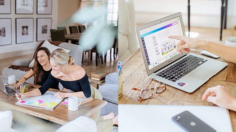 Split image: two women collaborating at a living-room table with colorful sticky notes and notebooks on a bright workspace, and a hand pointing at a laptop screen on a wooden table.