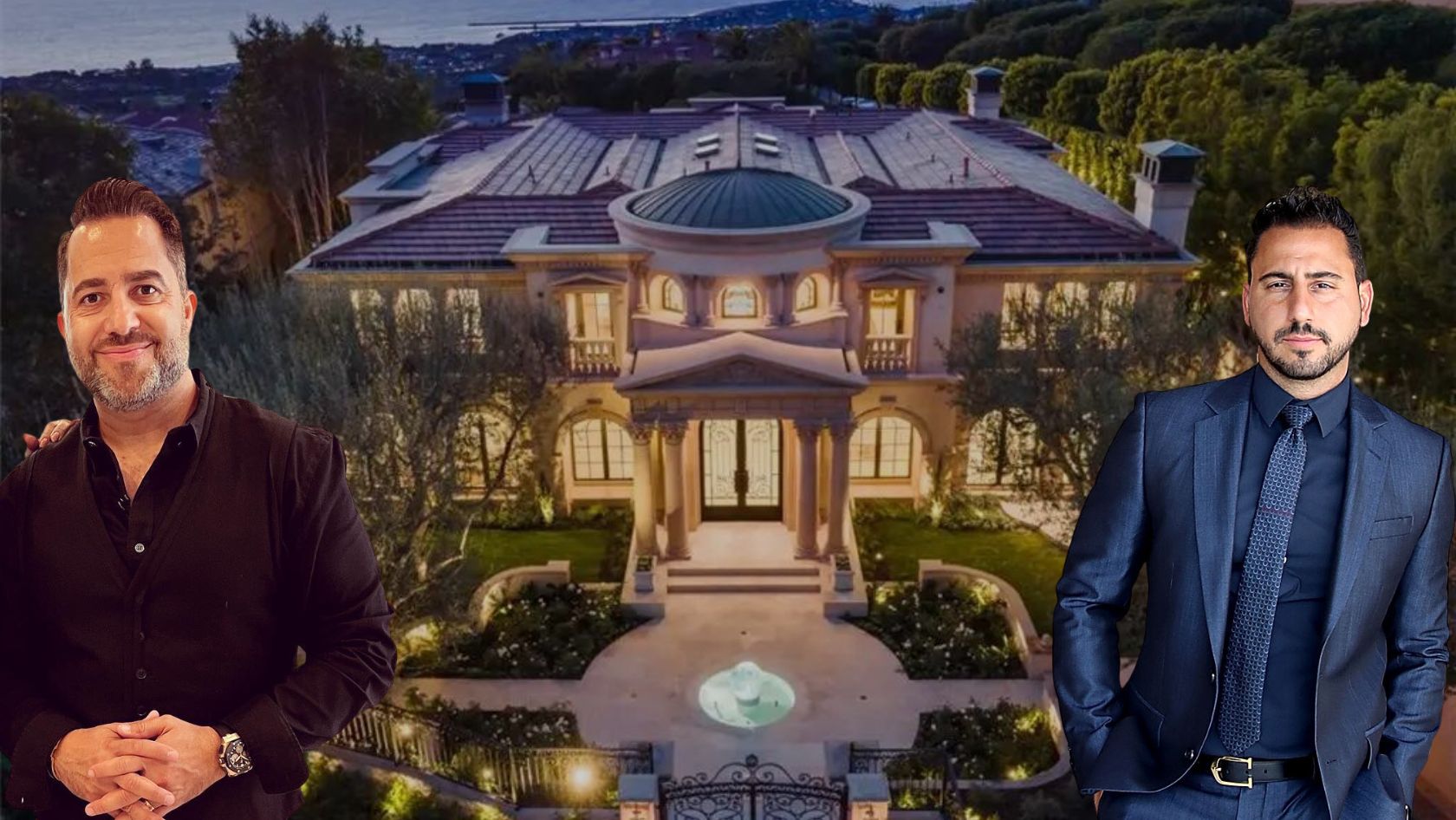 Two men in business attire stand in front of a large, illuminated luxury mansion at dusk with a manicured lawn and fountain in the foreground.