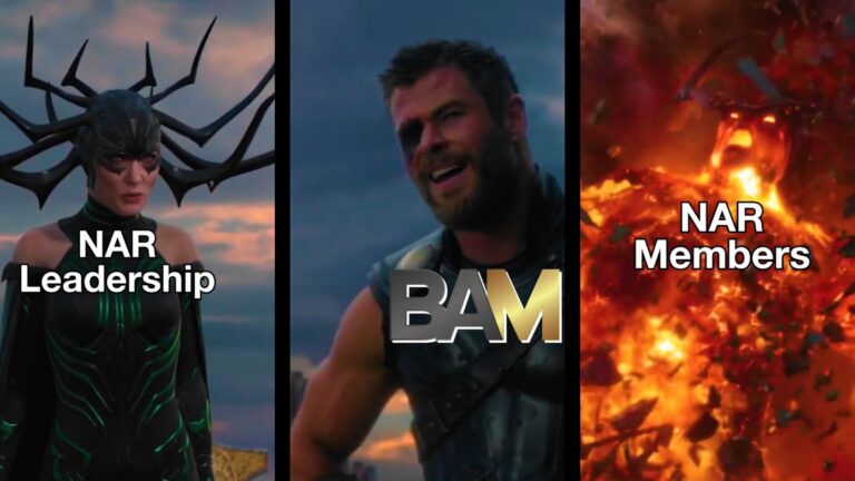 Meme collage with three panels: left shows a woman in dark armor labeled 'NAR Leadership', middle shows a smiling man with a bold 'BAM' overlay, right shows a fiery explosion labeled 'NAR Members'.