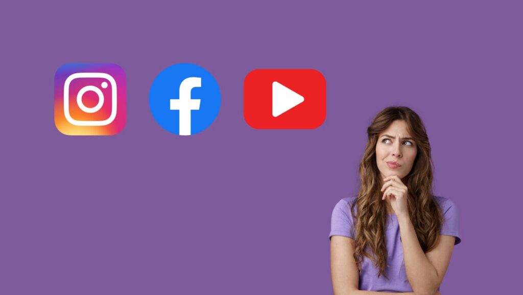 Woman thoughtful beside social media icons for Instagram, Facebook, and YouTube on a purple background.