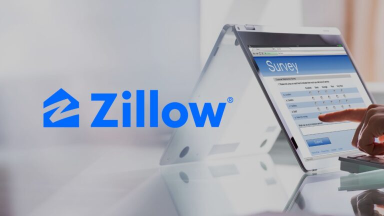 Zillow logo in blue on the left, with a tablet displaying a survey form and a hand tapping the screen on the right.