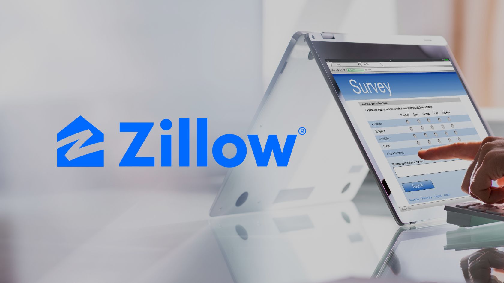 Zillow logo in blue on the left, with a tablet displaying a survey form and a hand tapping the screen on the right.