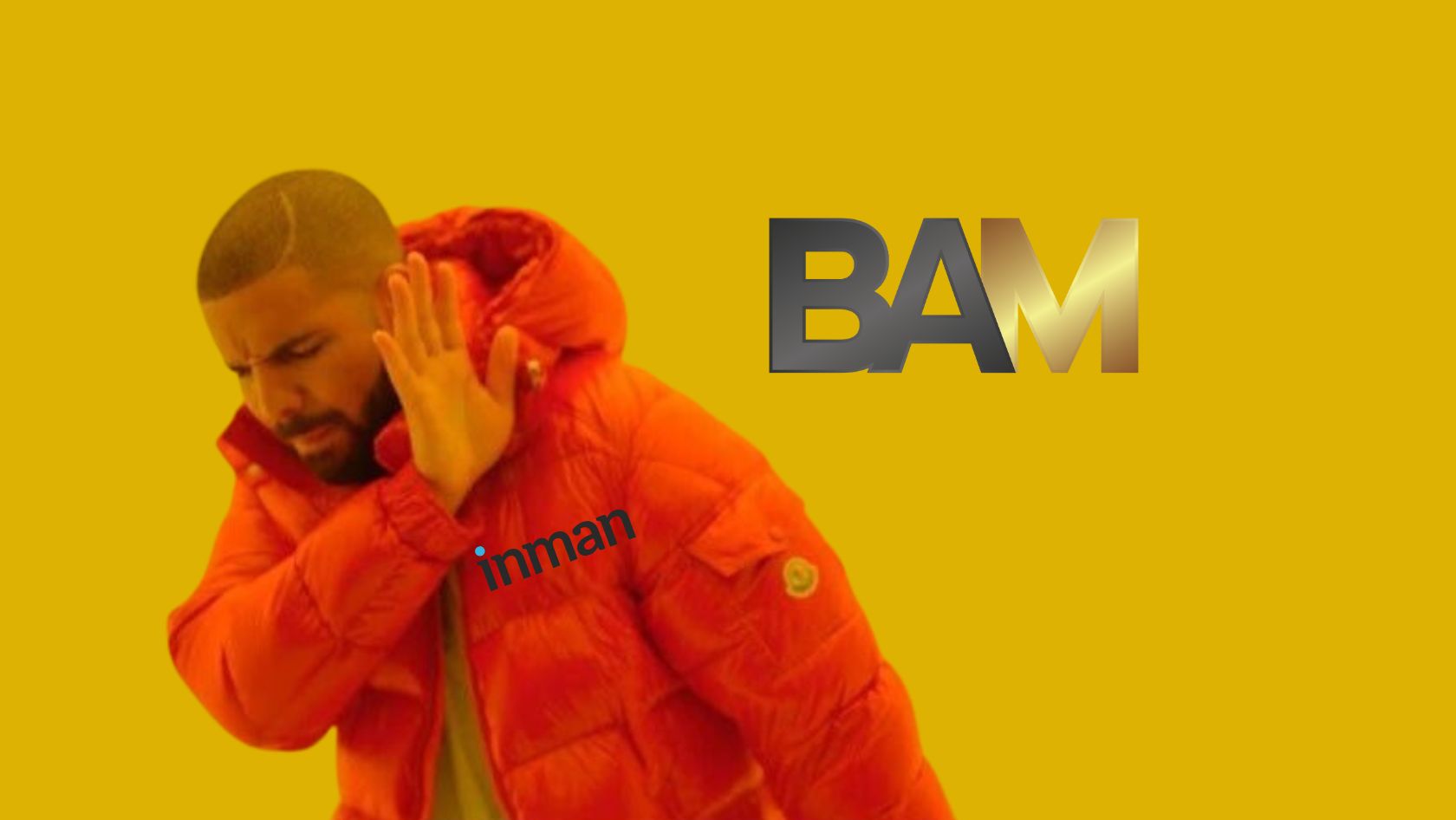 Man in an orange puffer jacket raises a hand in a stop gesture against a mustard-yellow background; large gray-to-gold 'BAM' text on the right, with 'inman' printed on the chest area.