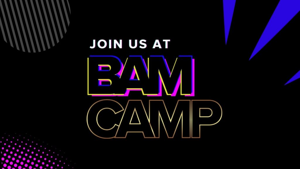 Event poster announcing 'Join us at BAM Camp' with neon-styled letters on a black background and geometric shapes in blue and purple.