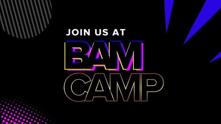 Event poster announcing 'Join us at BAM Camp' with neon-styled letters on a black background and geometric shapes in blue and purple.