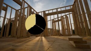 Wood-framed house under construction with a large beige-and-black pie chart overlay in the foreground.