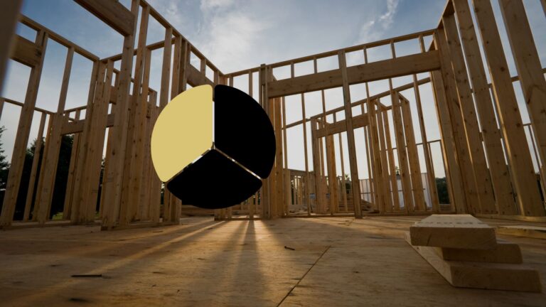 Wood-framed house under construction with a large beige-and-black pie chart overlay in the foreground.